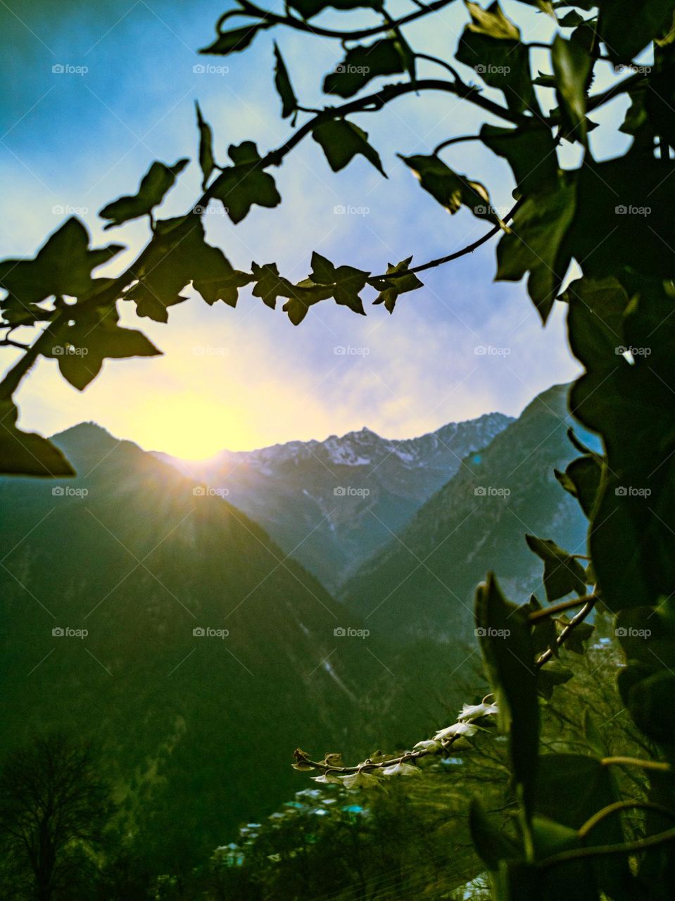 sunset on peaks of himalayan mountain