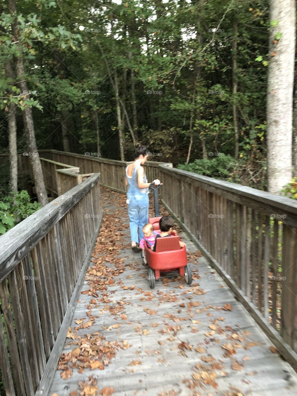 A walking bridge in  Georgia that a woman is pulling a red wagon on with her two babies . 