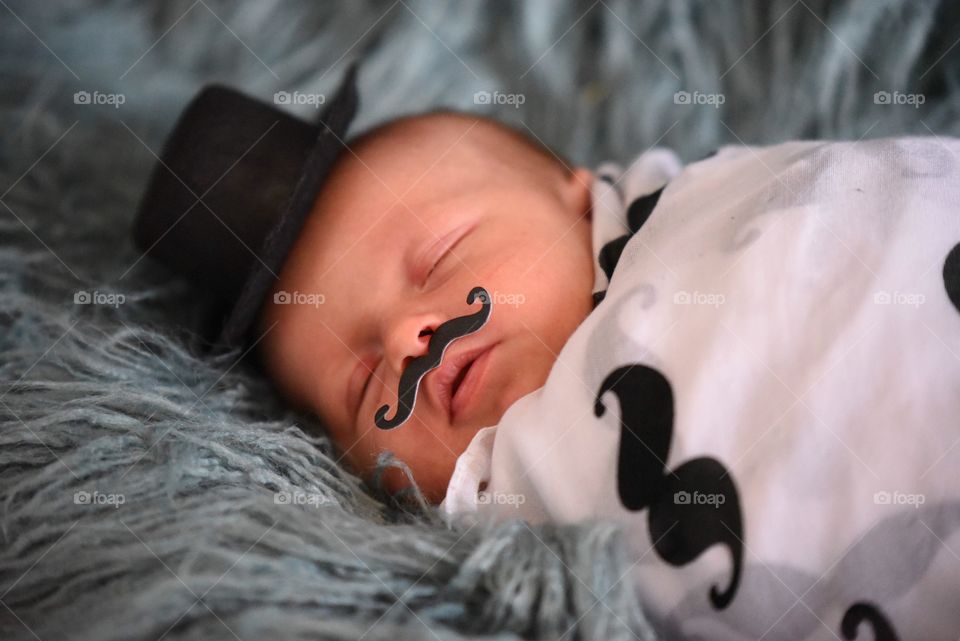 Newborn baby blue tophat mustache