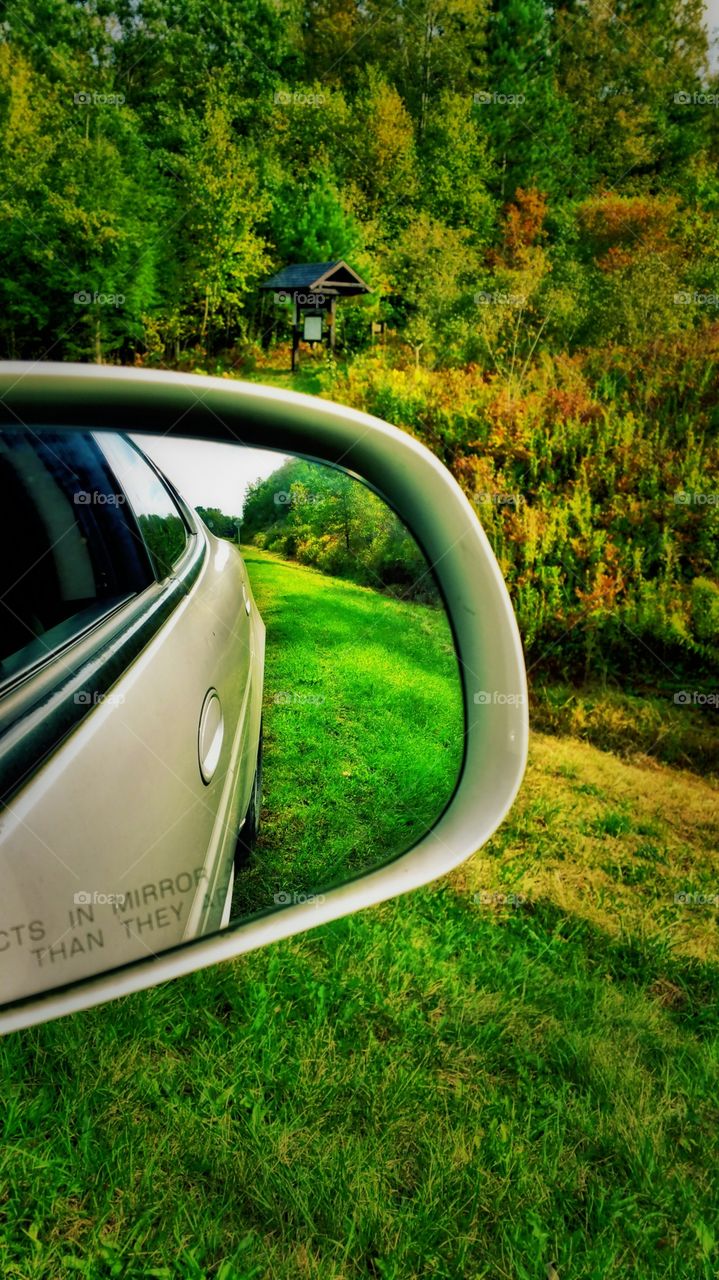 Beginning of fall is showing on the leaves in western New York..rear view mirror