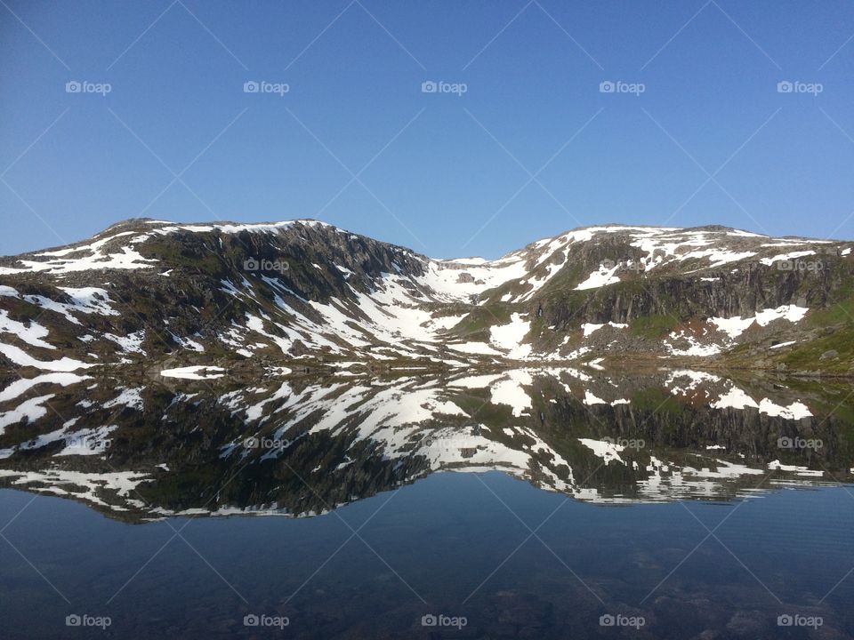 Snowy summer mountains in Norway with a reflection to lake