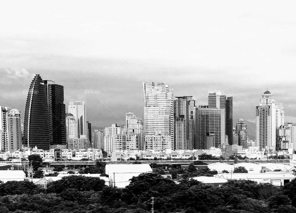 B & W architecture: the distant local buildings citycape.