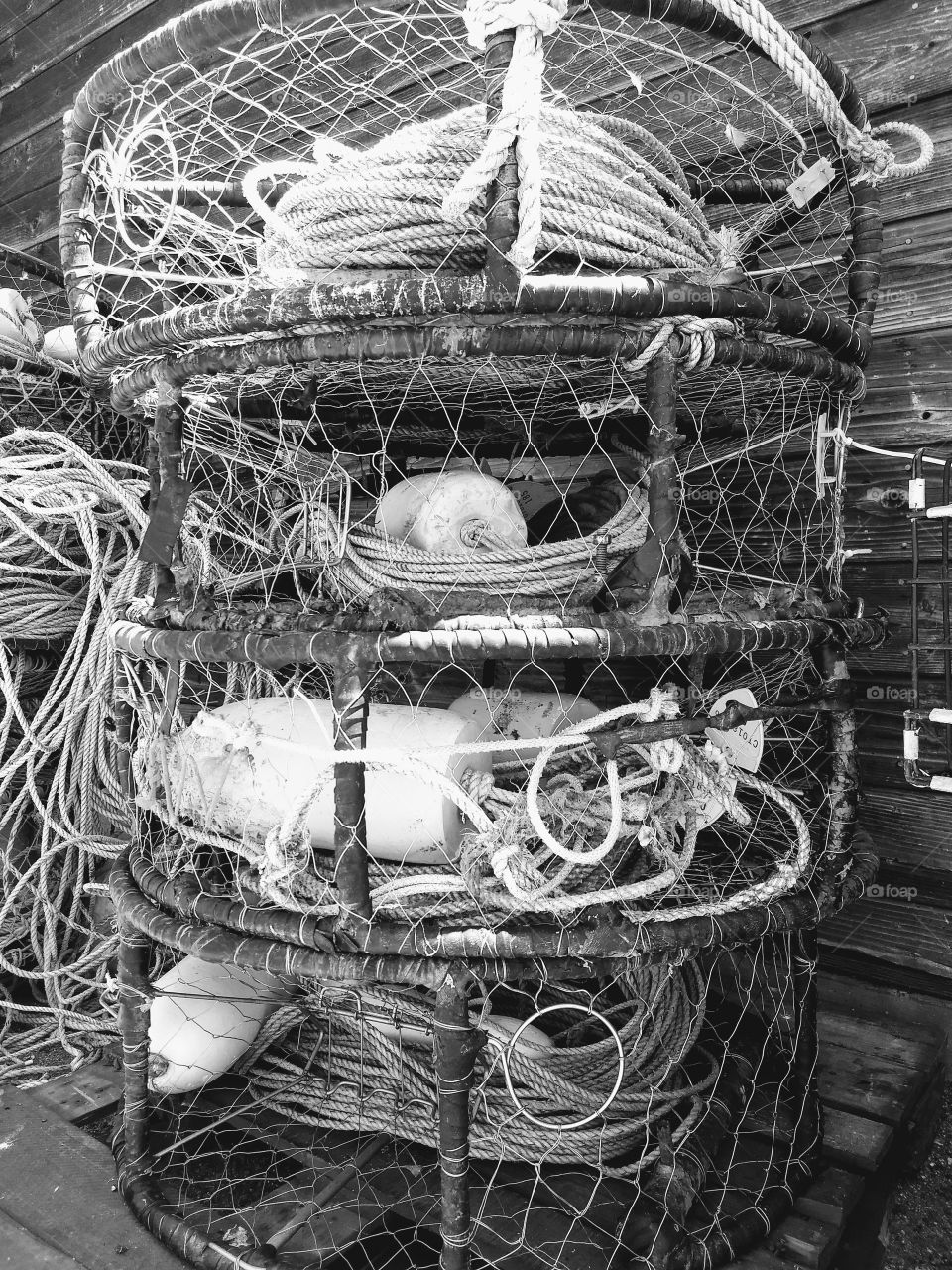 Stacked crab pots in Monterey Bay.