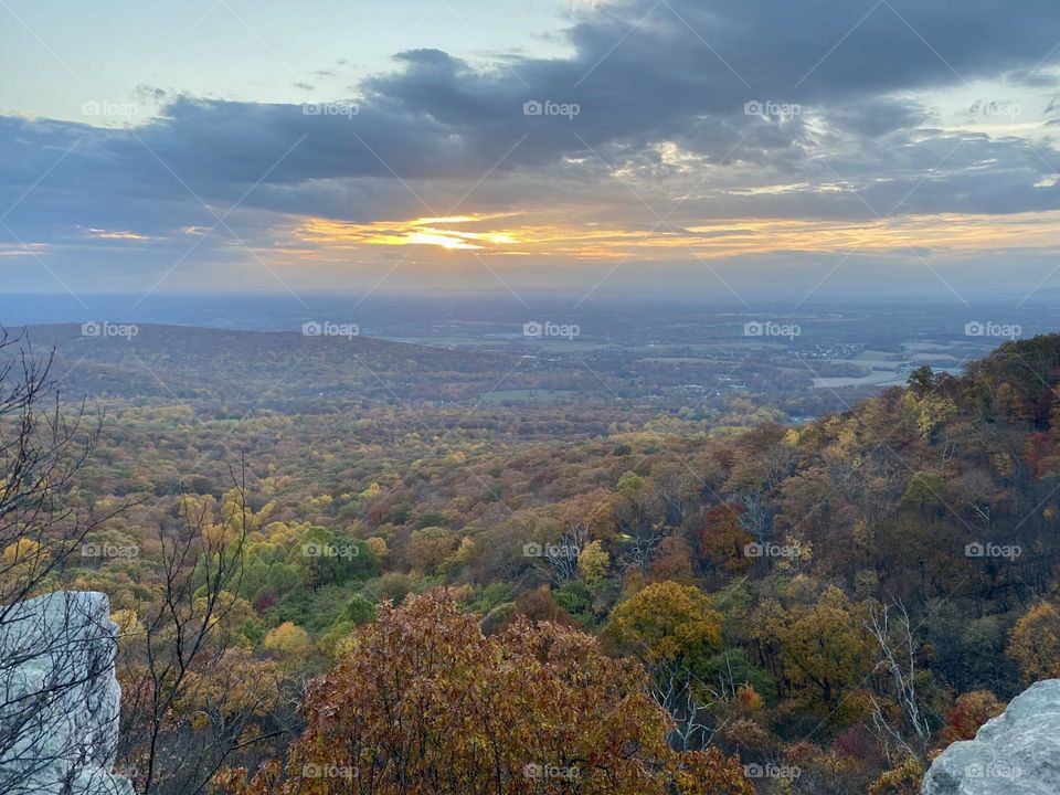 The view from a scenic overlook on the Appalachian Trail at sunset