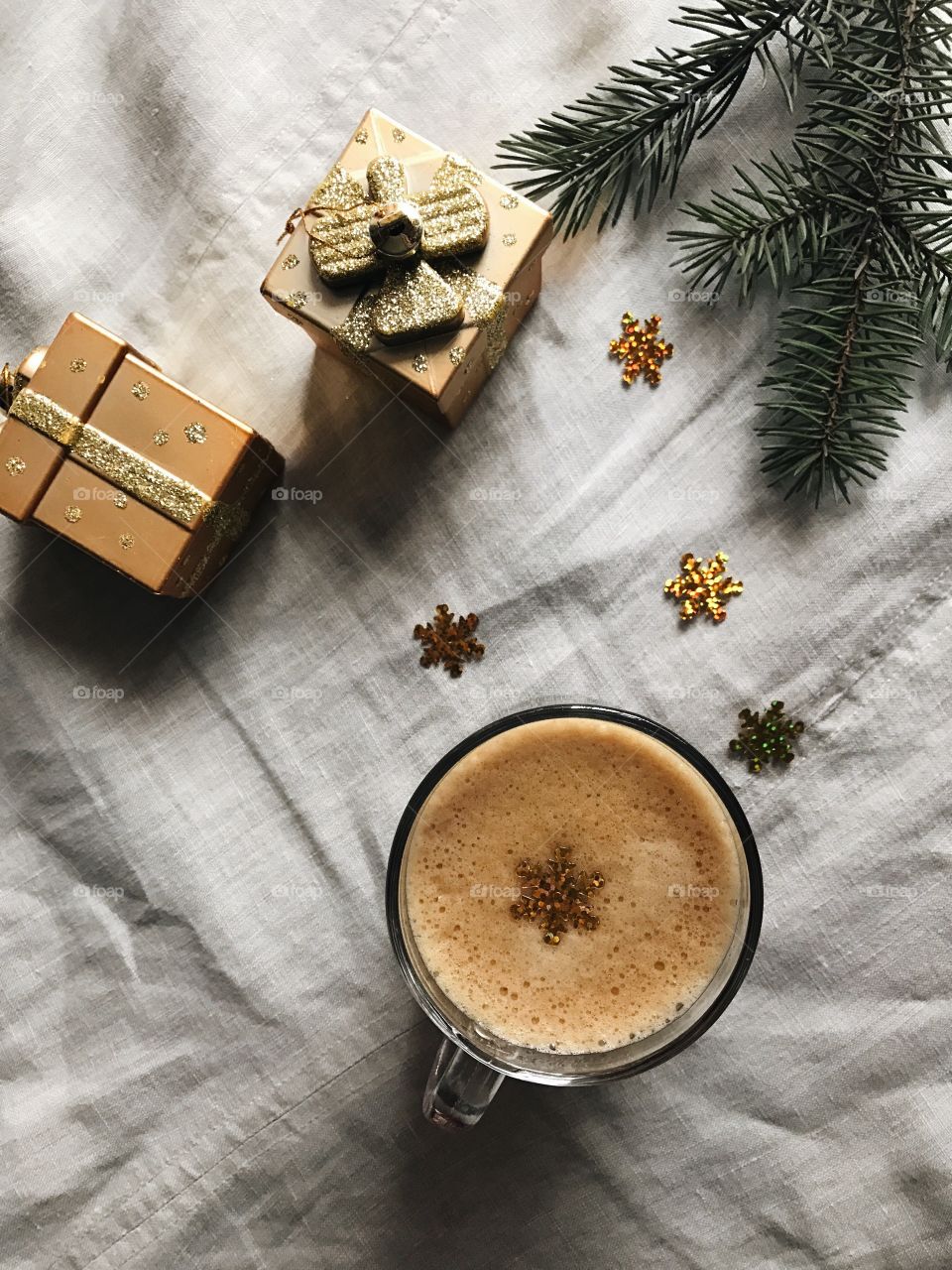 High angle view of coffee with snowflake