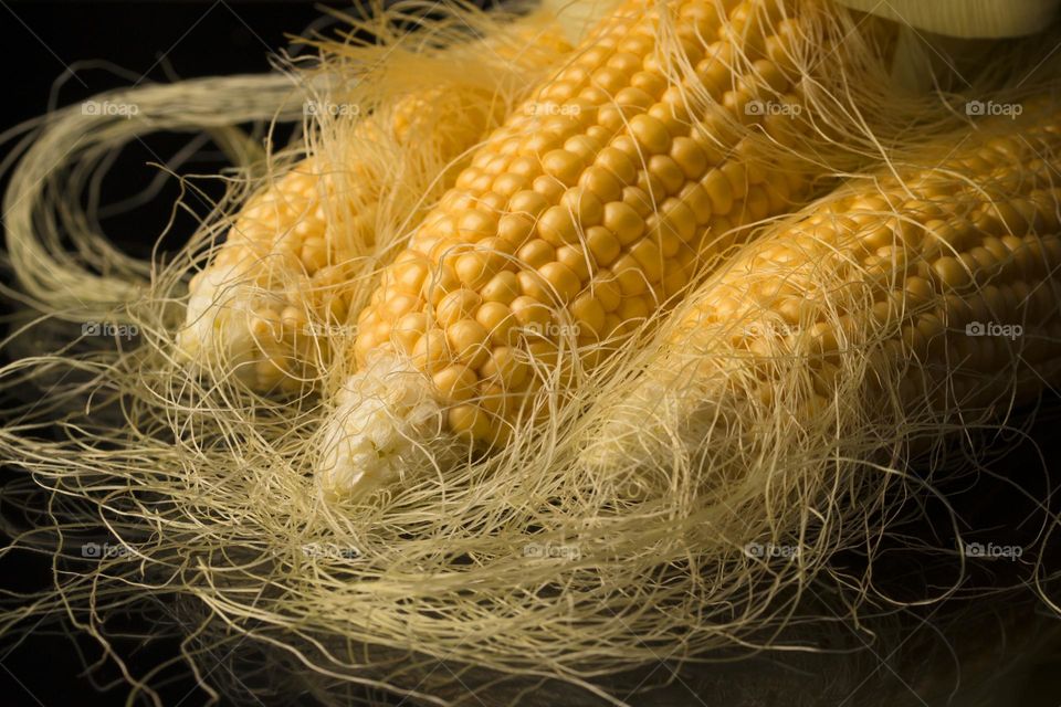 Close up view of fresh corn cobs.