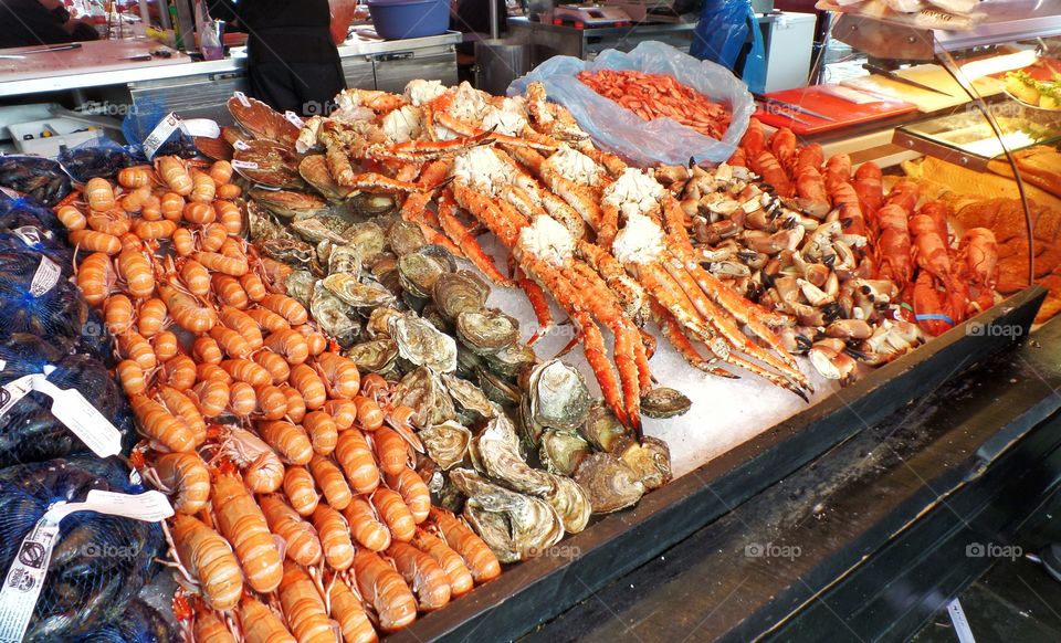 Seafood exhibition. Fish Market in Bergen