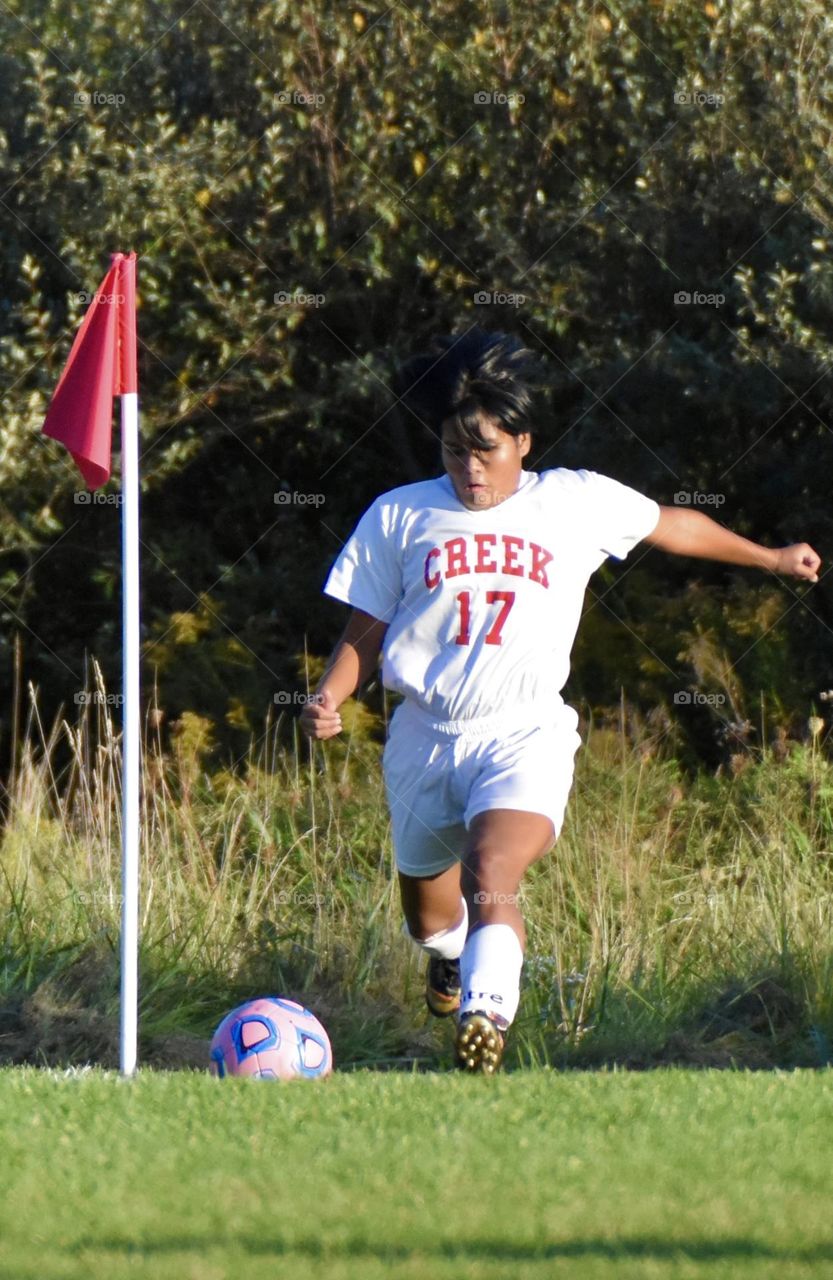 Soccer getting ready to kick the ball 