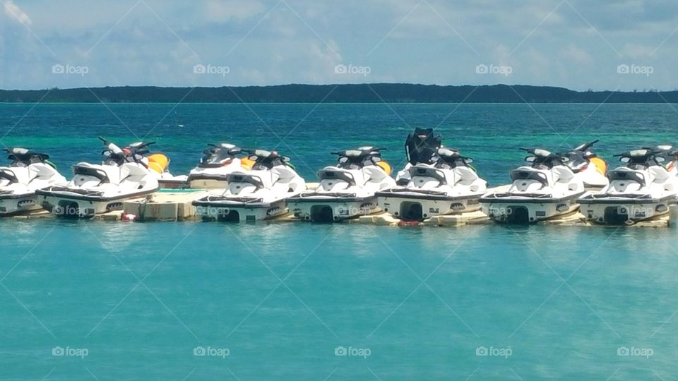 jet skies all in a row Coco cay Bahama's