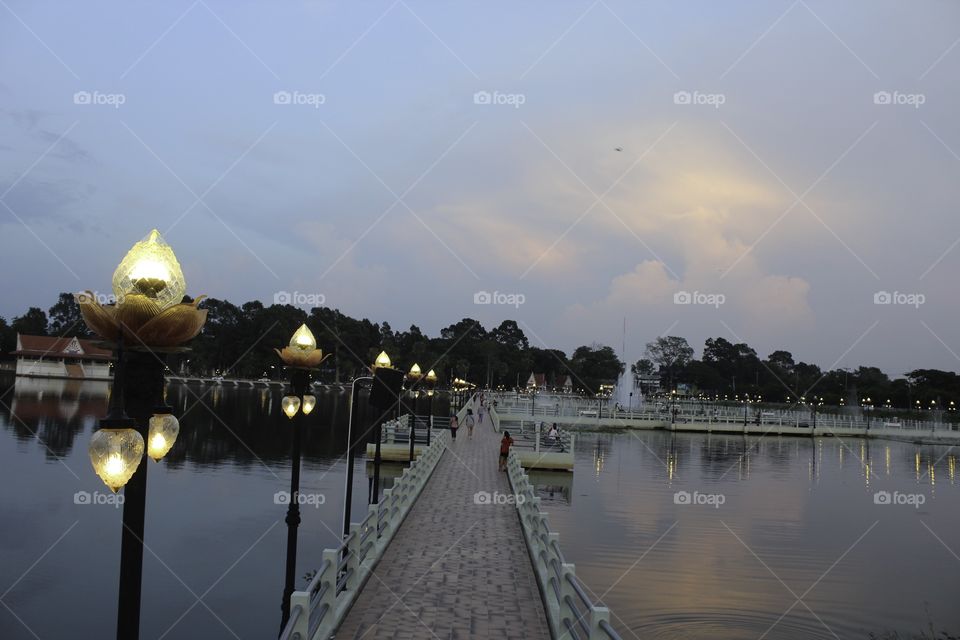 Sunset on lagoon and bridge in huay wangnong ubonratchathani thailand