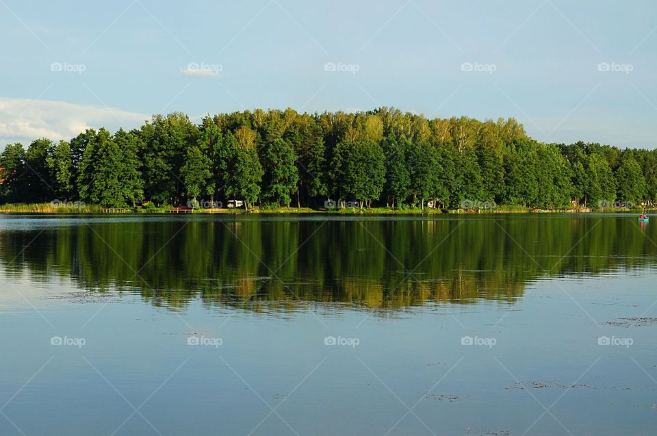 forest reflection in the lake in polish countryside