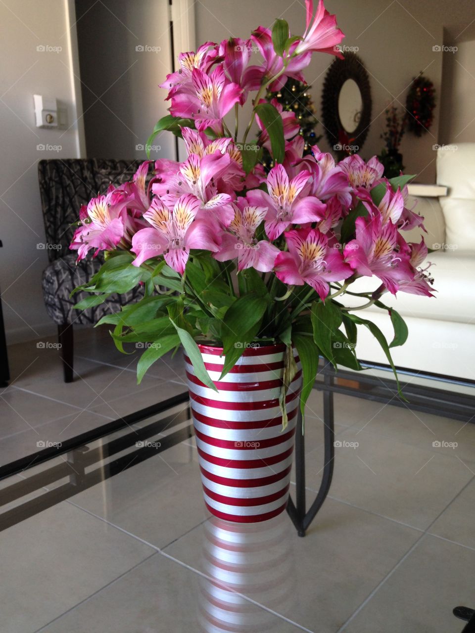 Pink Flowers Alstroemeria and Vase