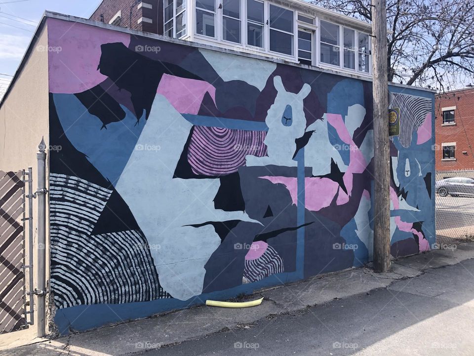 A mural of street art in an alleyway in Villeray, Montreal.
