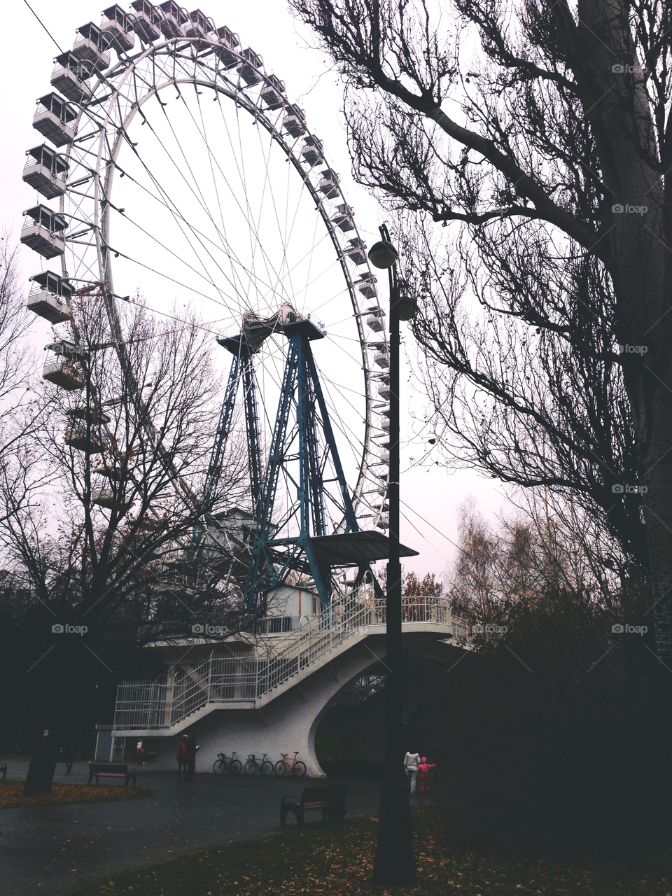 Ferry wheel in Izmaylovsky park in Moscow in the evening with trees 