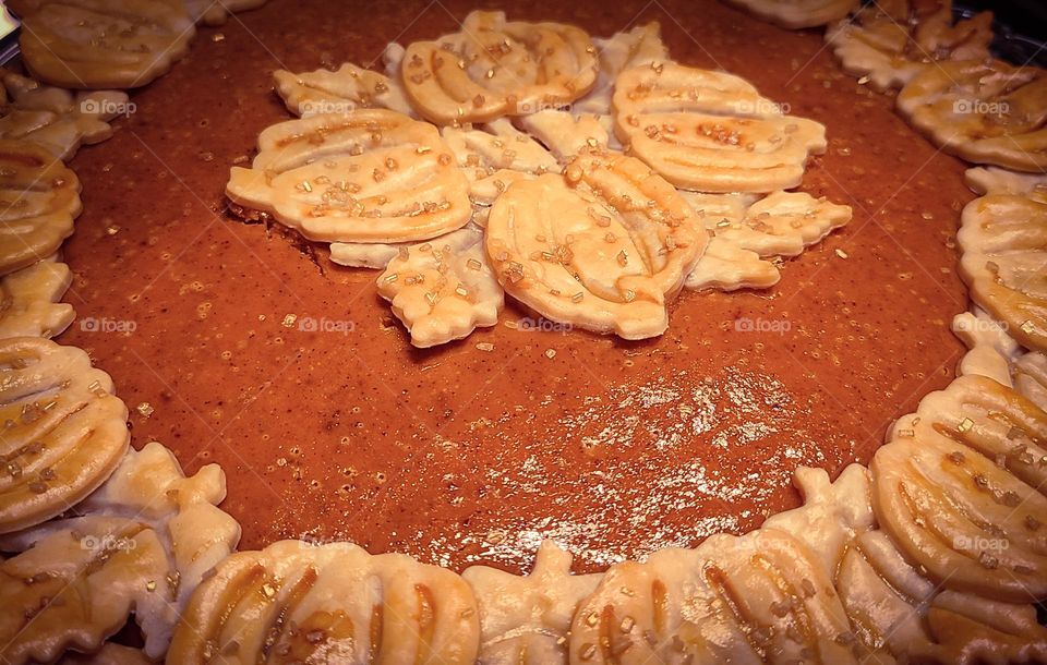 Delicious holiday pumpkin pie with decorative pie crust of pumpkins and leaves, a sweet delight for the autumn season 