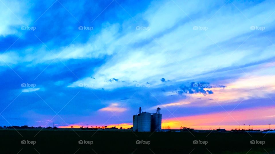 Sunset with grain elevators 
