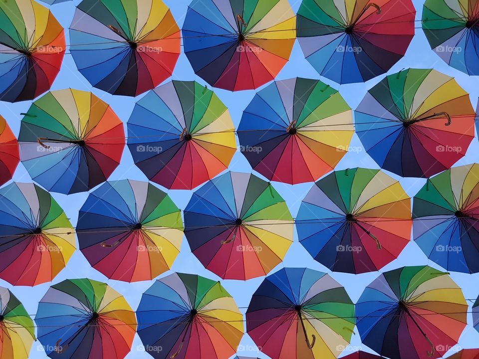 Many bright colorful umbrellas in a regular  pattern