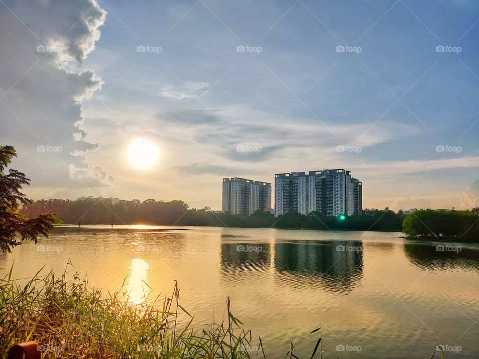 Evening at a lake side and appartment view