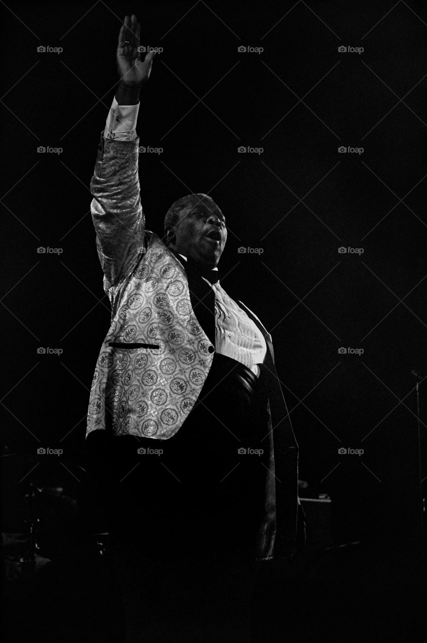 10 March 1996, the legendary Blues Boy, B. B. King performing at the Arena Hall in Poznan, Poland. American blues guitarist and singer-songwriter. Archival image could have imperfections as it is digital reproduction from b&w negative. Editorial use.