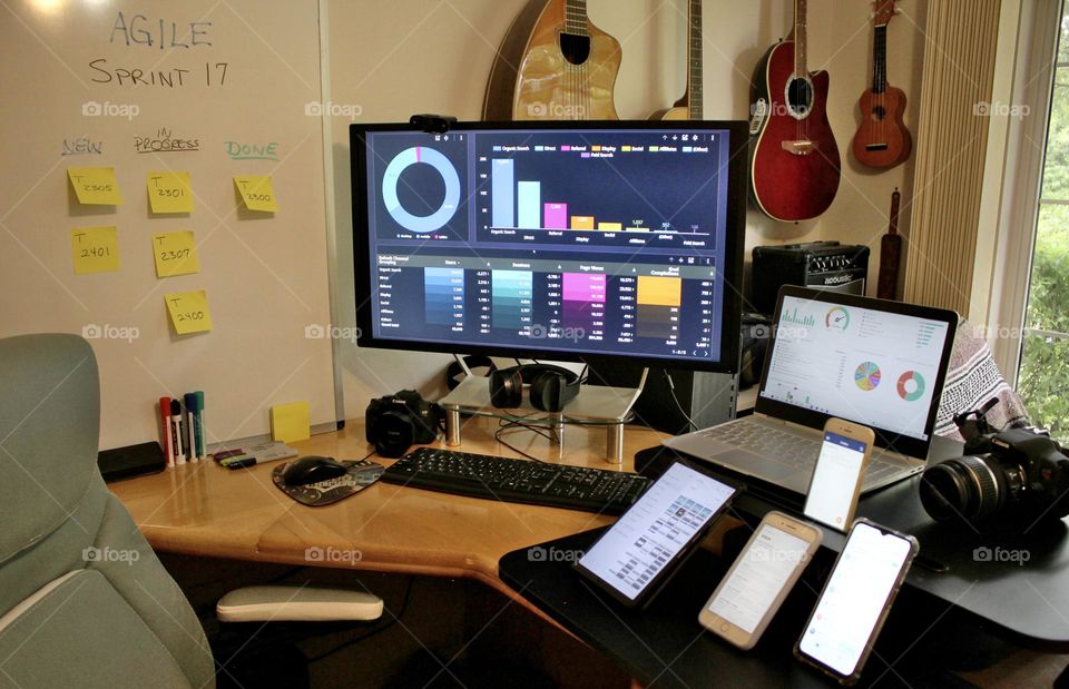 Colorful desk displays of data analysis