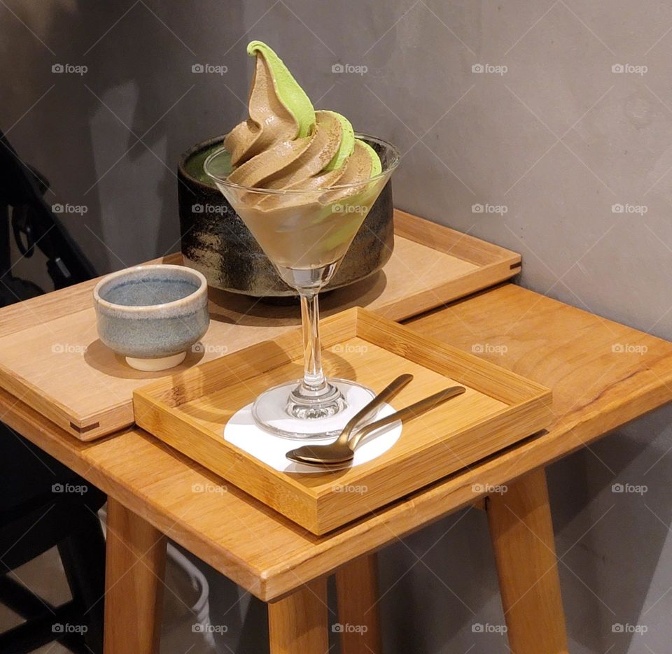 Hojicha and Matcha two-color soft serve.