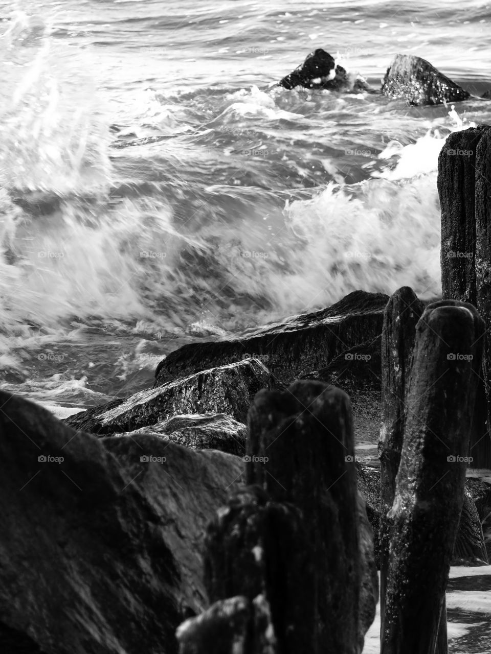 Black and white shot of sea motion in Niechorze, Poland.