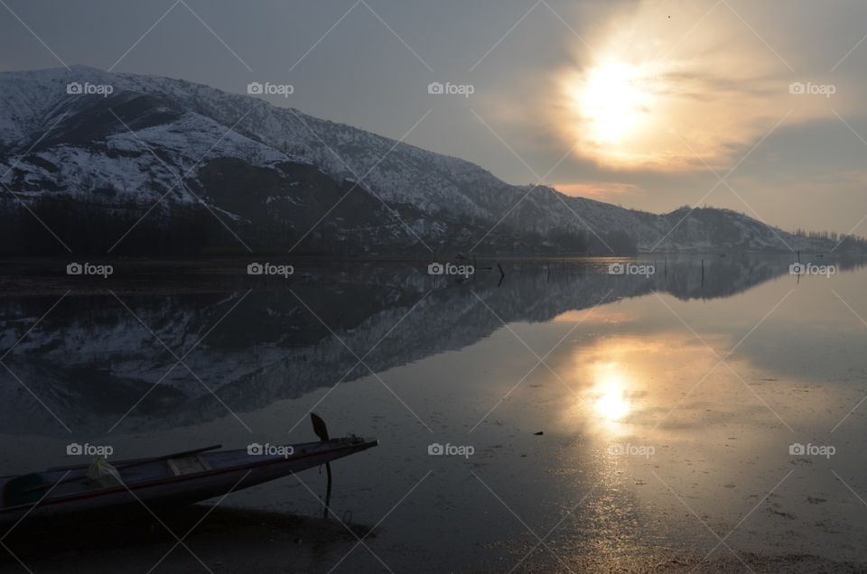 Snow, Dawn, Sunset, Water, Lake