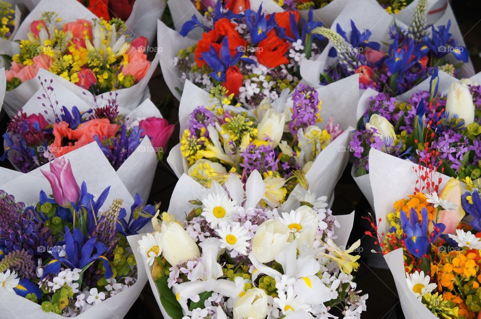 Bouquets arranged in row