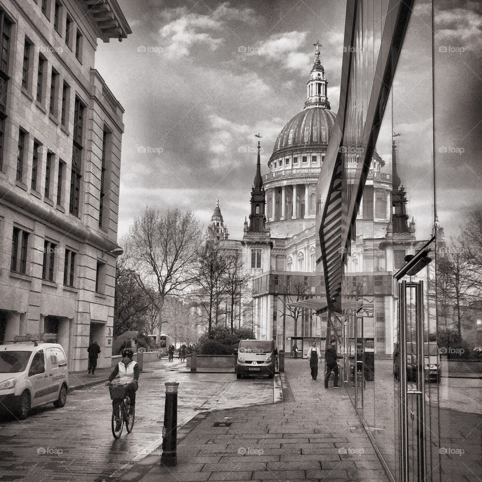 London black and white St Pauls Cathedral reflection