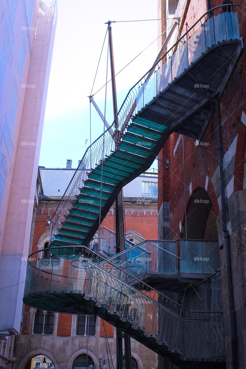 Side view of the unusual stairs.  Milan,  Italy