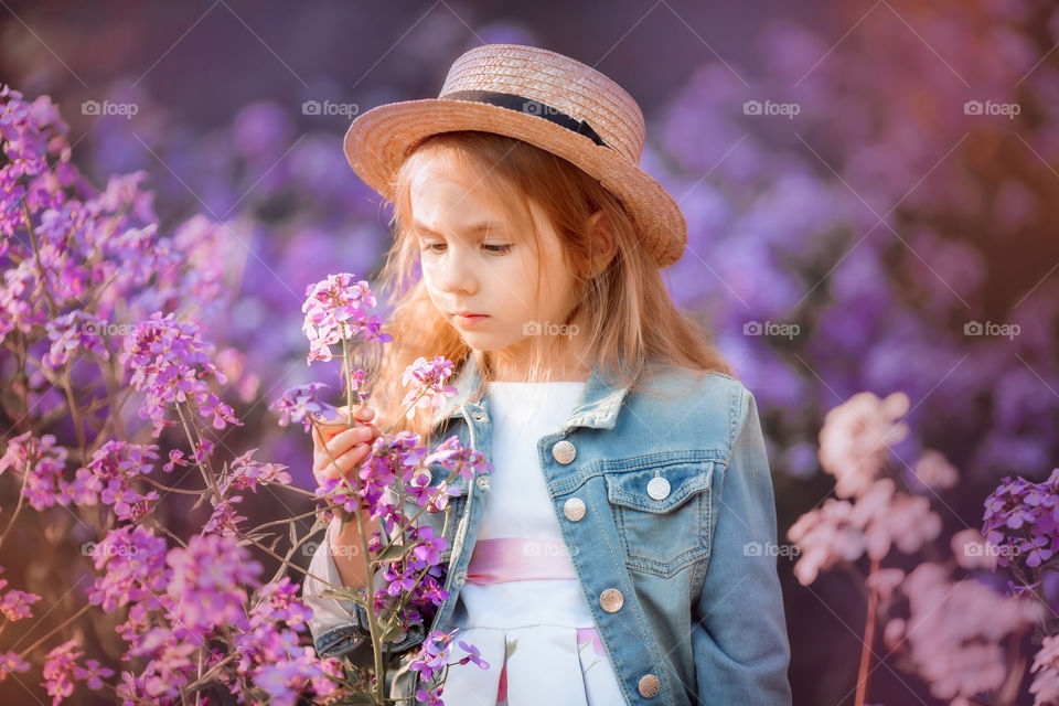 Cute little girl portrait in blossom meadow at sunset 