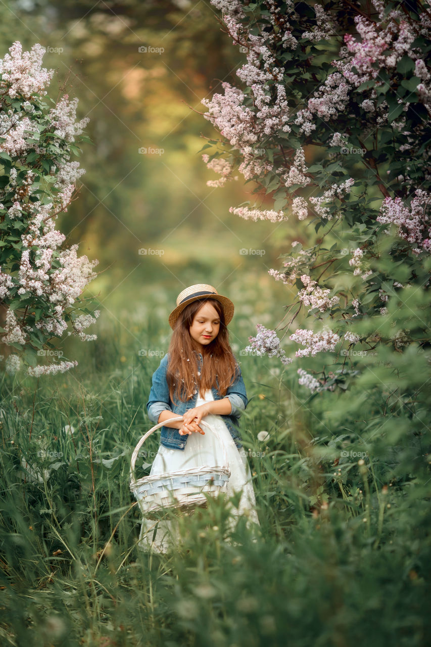 Little girl in a hat near blossom lilac tree at sunset 