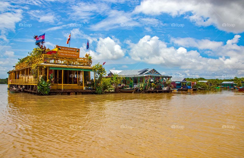 a Temple by the floating village of the Tonle Sap Lake near the Angkor historical Archaeology Park in the Province Siem Reap Cambodia Southeast Asia