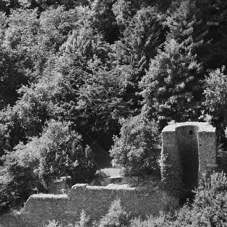 Detailed old historic walls surrounding a fortress in Luxembourg on a sunny summer day. 