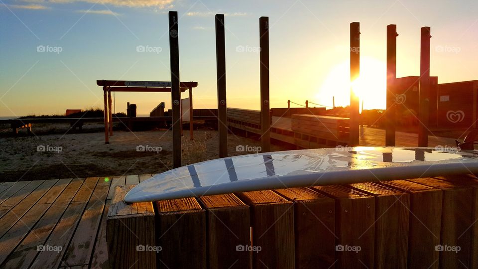 Surfboard Resting After Training During Sunset