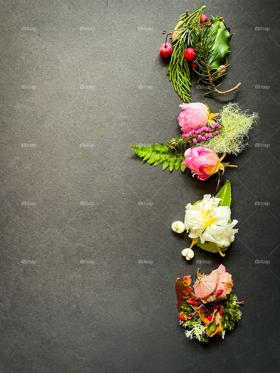 The four seasons - winter, spring, summer, and fall - represented in Pacific Northwest foliage including evergreens, pine needles, berries, flowers, and leaves.