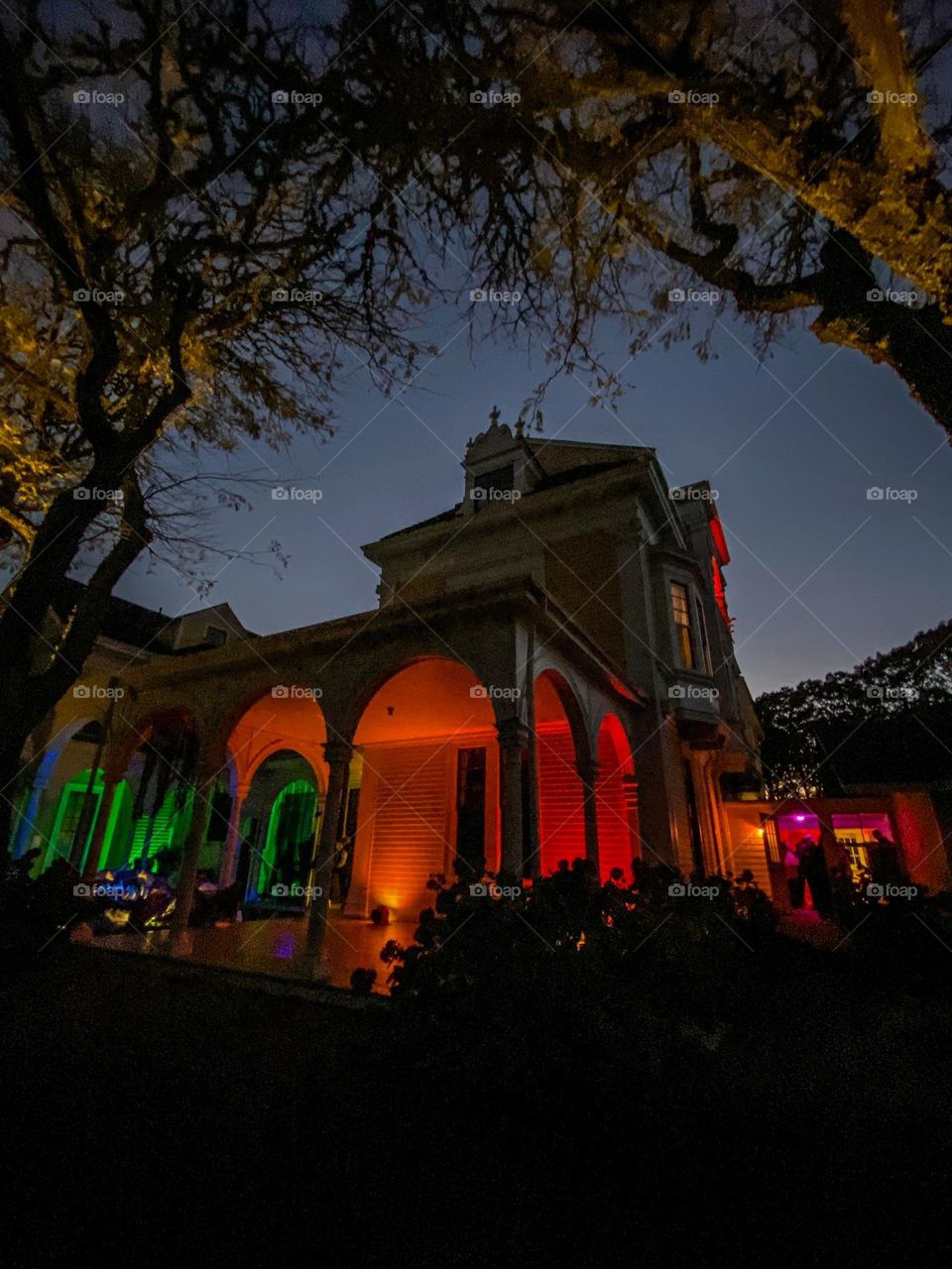 Spooky season mission - a haunted mansion looking scary.  Framed by trees and lit up, eerie noises filling the air . 