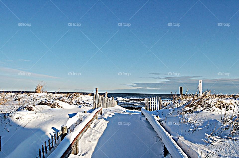 Beach covered in snow