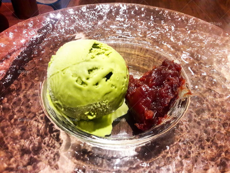 Green tea ice cream with red bean
