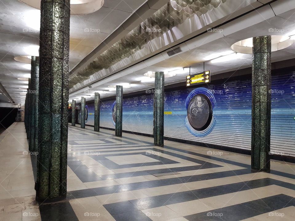 Architectural marvel with glass pillars in one of the Tashkent metro stations (with a cosmology theme), which could not be photographed for a long time