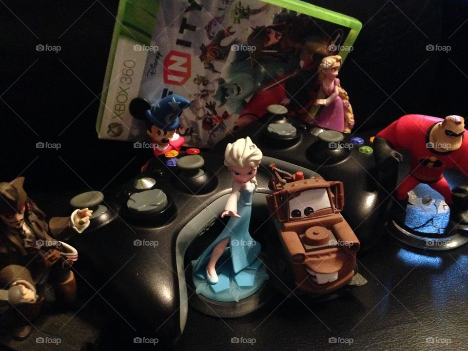 Xbox obsession. Disney infinity characters and Xbox controllers