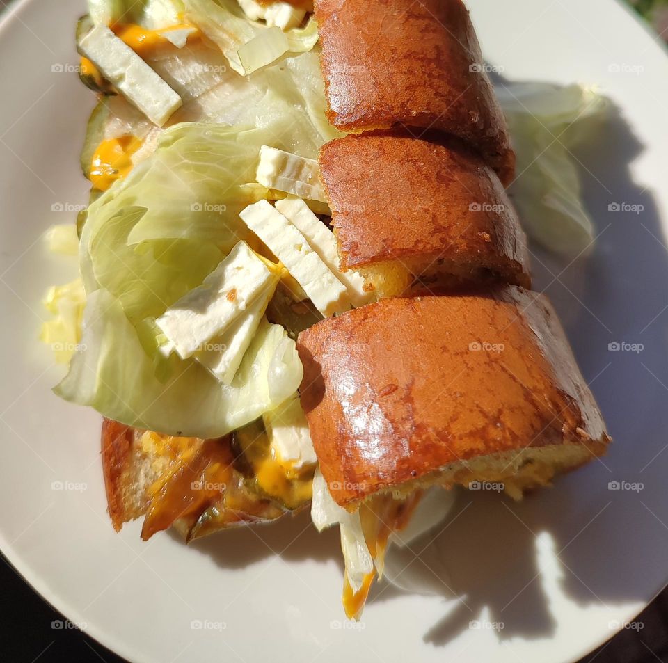 Garlic bread, burger