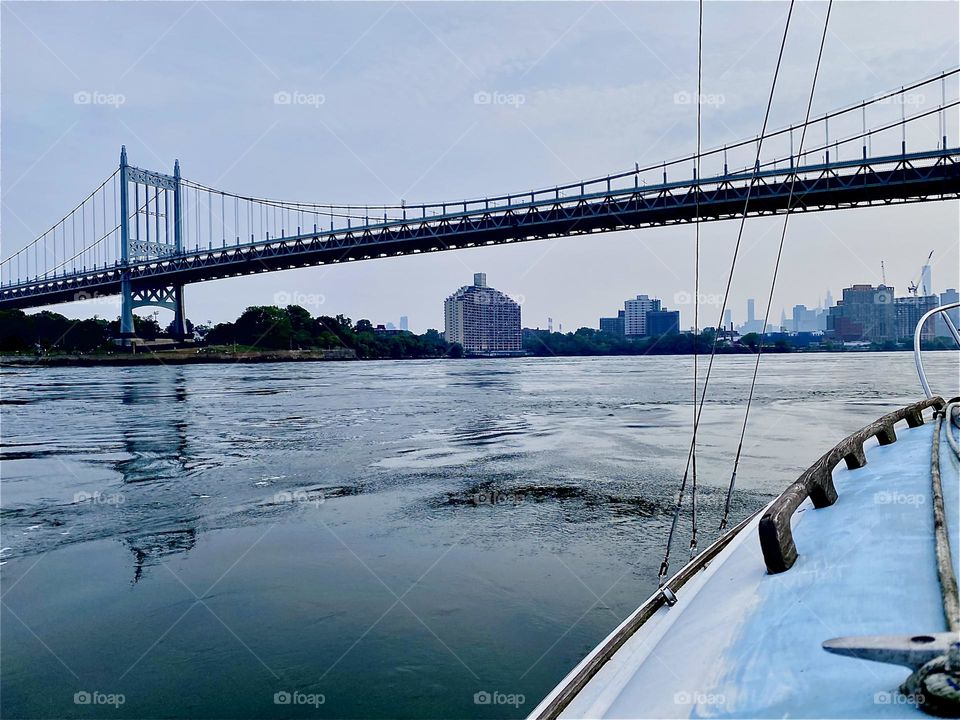 This is the “Throggs Neck Bridge” spanning the “East River” north of Manhattan, NY. We were on our maiden voyage for our newly purchased day trip sailboat and passed by all sorts of attractive sites along the way. 2023. Hypnotic Productions