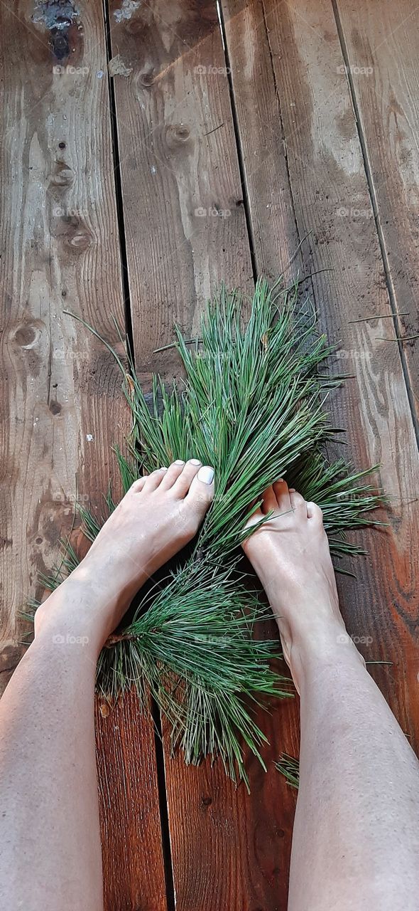 женские ступни на еловой ветке в бане