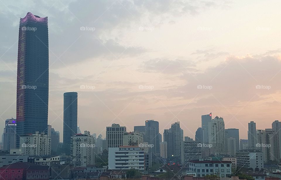Looking towards central Shanghai at sunset. Taken from the Tilanqiao district of Shanghai.