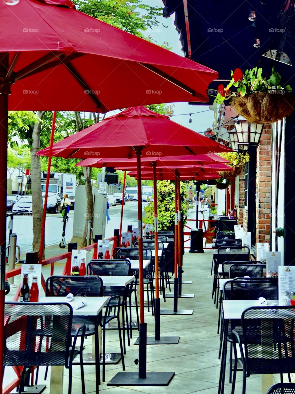 Foap Mission “The Color Red”! Red Umbrellas At A Sidewalk Cafe!