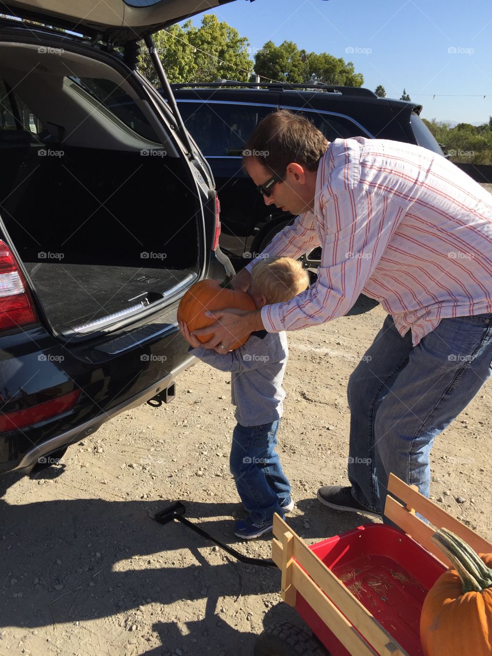 Assisting child with putting pumpkin in trunk of vehicle