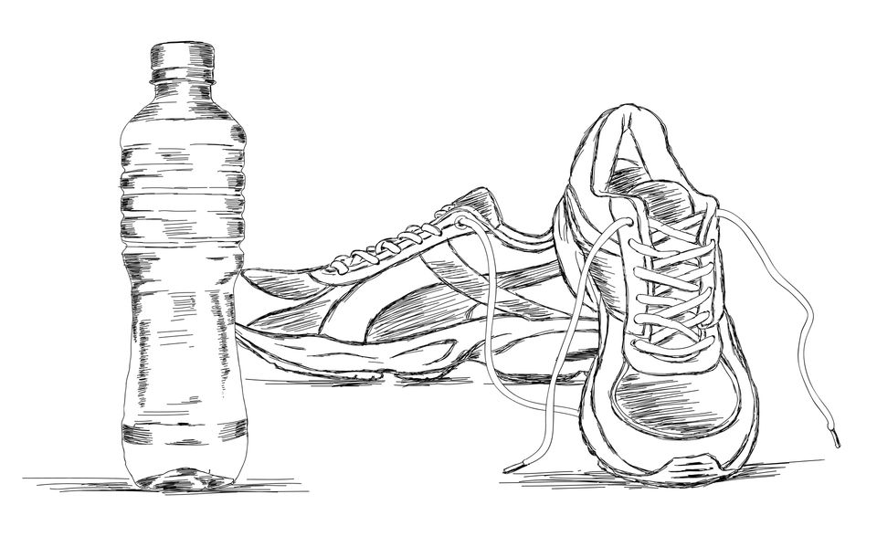 Water bottle and sneakers sports shoes illustration