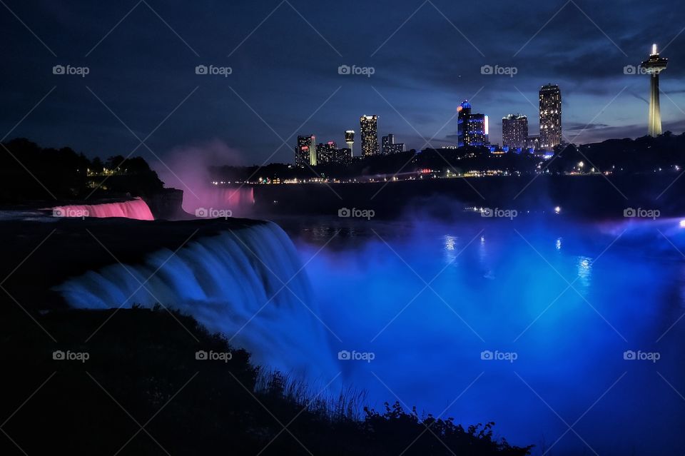 Blue colour stories
Niagra falls at night
night light blue colour indicates USA side 
maid of the mist