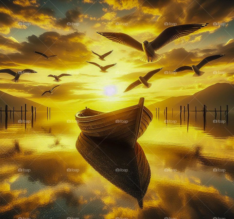 Serenity at Dusk
Amidst the silence broken only by the whisper of gentle waves, an old wooden boat anchors in tranquil waters. Atop it, a group of seagulls rests, their silhouettes sharply etched against the fiery sunset sky.